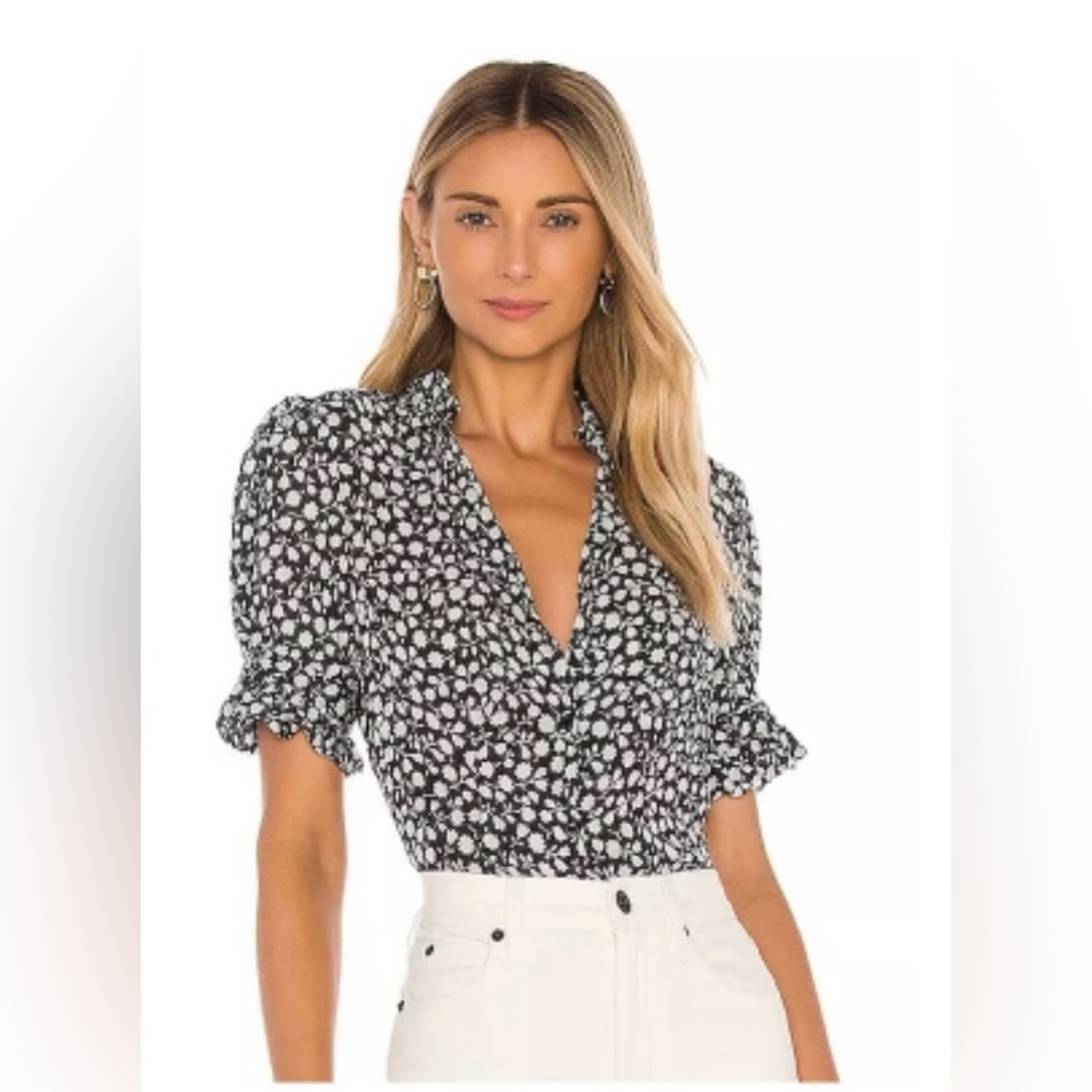 SELKIE The Bistro Blouse in Spirit Black and White Floral Ruffle Detail Sz. XS